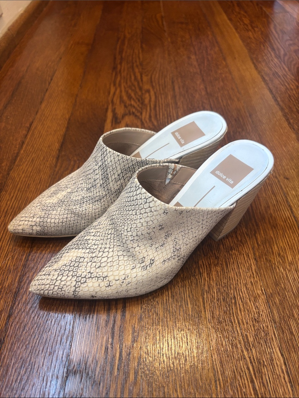Dolce Vita Beige Snake-Print Pointed Mule Heels with Stacked Block Heel